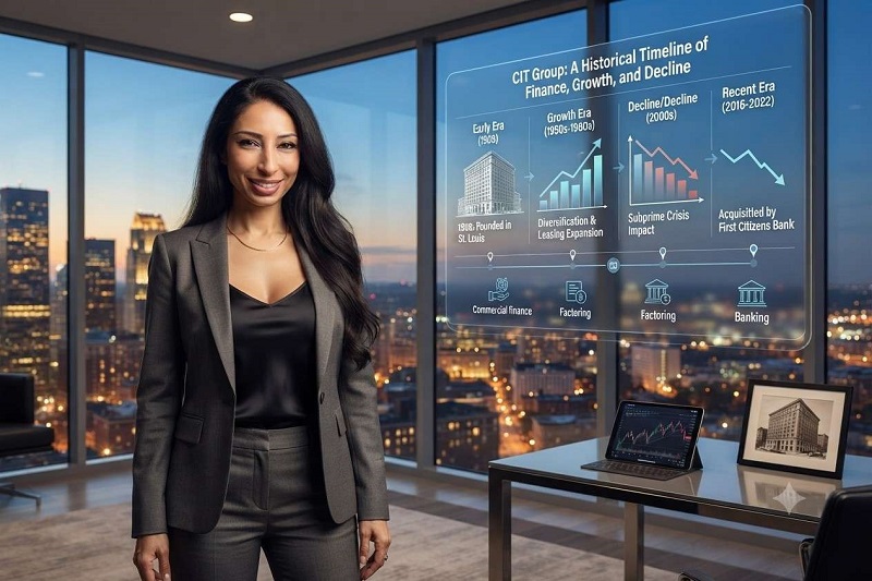 A historical timeline of CIT Group, old company headquarters, or a finance growth/decline infographic.