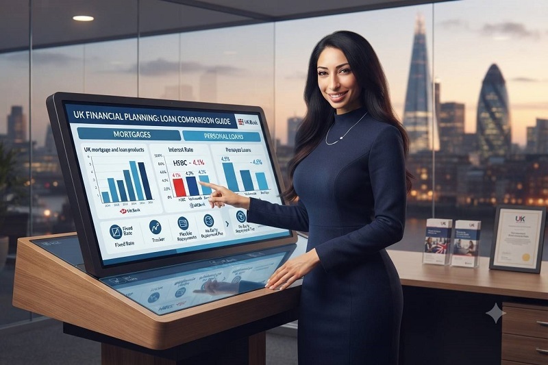 A UK financial planning illustration, person comparing loans, or UK banking/finance concept