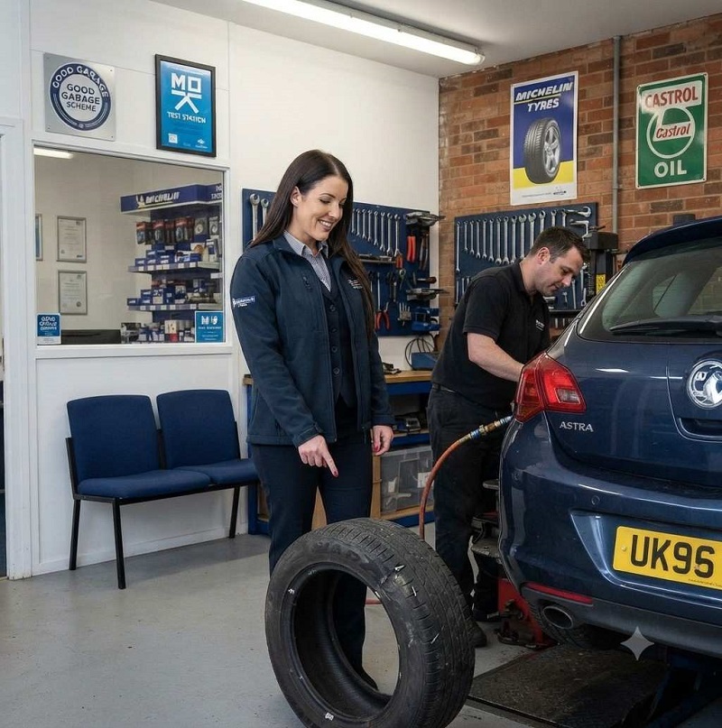 A car with damaged tyres, tyre replacement, or a UK garage/workshop.