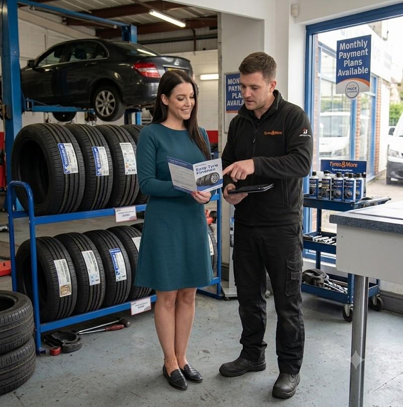 : A customer discussing tyre finance with a garage advisor or a UK tyre shop with new tyres.